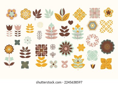 Set of abstract floral elements in scandinavian style, geometric pattern, vintage style, hand drawn. Poster, room interior decor, design textiles, postcard, concept, Vector