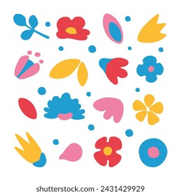 Set of abstract and floral elements. Simple flat illustration for children's products design. Vector isolated objects on white background