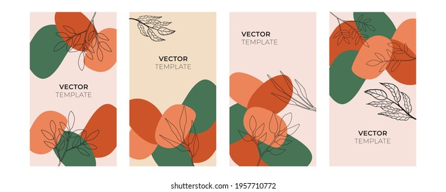 Set of abstract floral foliage art line backgrounds and wave background for social media post stories. Vector trendy minimal templates in bohemian style with copy space for text