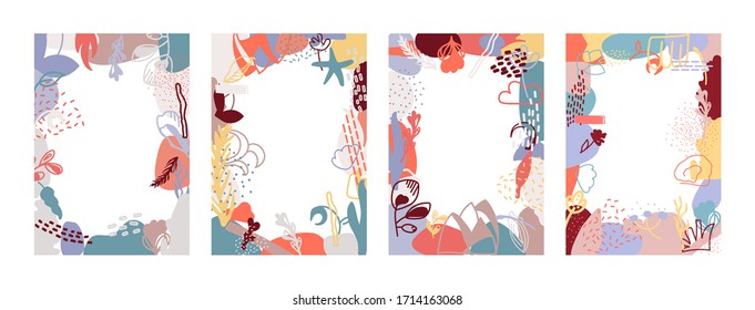 Set of abstract floral of hand drawn shapes. Vertical frames and space for text. Doodle objects organic elements. Creative modern art. Great for banner, flyer event invitation card Vector illustration