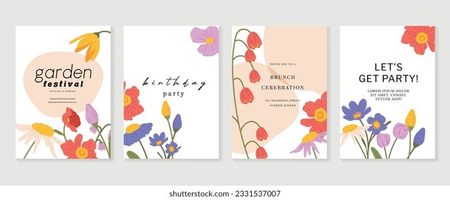 Set of abstract floral invitation card background vector. Hand drawn vibrant color botanical flower and leaf branch cover. Design illustration for flyer, poster, banner, brochure, wedding, birthday.