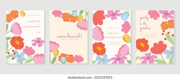 Set of abstract floral invitation card background vector. Hand drawn vibrant color botanical flower and leaf branch cover. Design illustration for flyer, poster, banner, brochure, wedding, birthday.