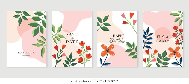 Set of abstract floral invitation card background vector. Hand drawn vibrant color botanical flower and leaf branch cover. Design illustration for flyer, poster, banner, brochure, wedding, birthday.