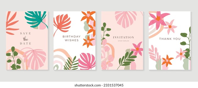 Set of abstract floral invitation card background vector. Hand drawn vibrant color botanical flower and leaf branch cover. Design illustration for flyer, poster, banner, brochure, wedding, birthday.