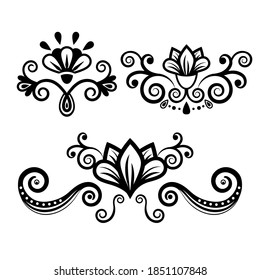 Set abstract floral ornament, delimiter, frame, border, pattern, black and white drawing with curls, swirl, flower, leaf, decorative element, tattoo, isolated on white background. Vector illustration