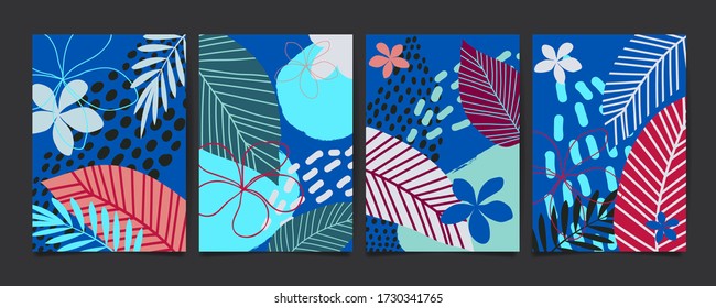 Set of abstract floral pattern with tropical flowers and leaves. Creative universal art background. Wedding, anniversary, party invitations, covers, decor elements. Vector