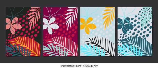 Set of abstract floral pattern with tropical flowers and leaves. Creative universal art background. Wedding, anniversary, party invitations, covers, decor elements. Vector