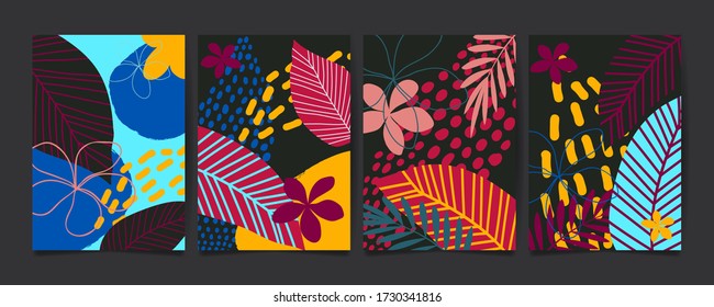 Set of abstract floral pattern with tropical flowers and leaves. Creative universal art background. Wedding, anniversary, party invitations, covers, decor elements. Vector