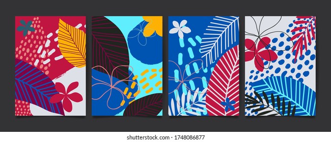 Set of abstract floral pattern with tropical flowers and leaves. Creative universal art background. Wedding, anniversary, party invitations, covers, decor elements. Vector