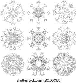 Set abstract floral patterns, black contours on white background. Vector