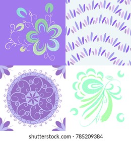 A set of abstract and floral patterns for the design of the background in purple colors. Vector