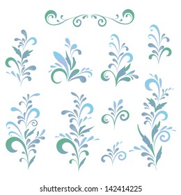Set abstract floral patterns, green and blue silhouettes on white background. Vector