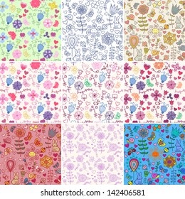 Set of abstract floral patterns, seamless backgrounds