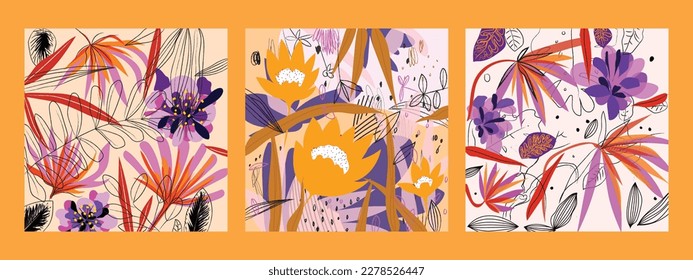 Set of abstract floral plants and flowers rough hand drawn vector illustration.