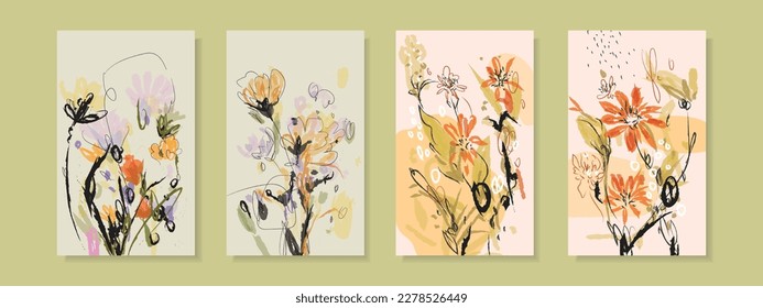 Set of abstract floral plants and flowers rough hand drawn vector illustration.