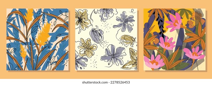 Set of abstract floral plants and flowers rough hand drawn vector illustration.