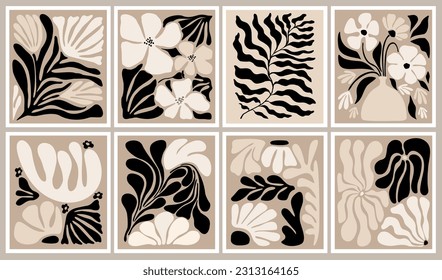 Set of abstract floral posters. Botanical prints in trendy scandinavian, japandi style, modern black beige wall art. Naive groovy hippie interior decoration, painting. Monochrome vector illustrations