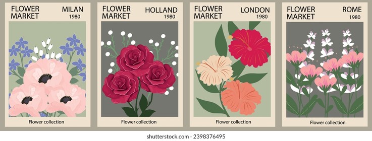 Set of abstract floral posters. Botanical wall art with floral designs in a trendy style. Modern interior decorations. Vector illustration.