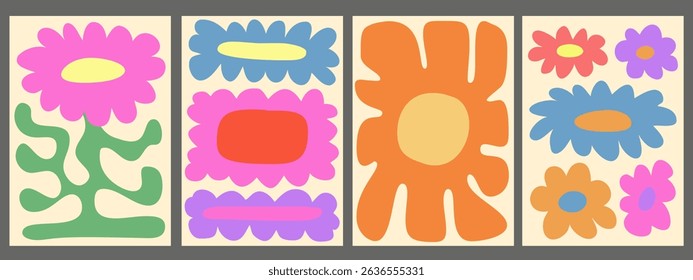 Conjunto De Pôsteres Florais Abstratos. Coleção De Design De Vetor De Padrão De Flor Groovy. Placas De Arte Bonitas Cool Blossom. 