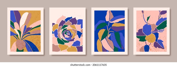 Poner los afiches florales abstractos en un estilo minimalista contemporáneo. Antecedentes tropicales de colores vectoriales. Collage de arte para postal, afiche, camiseta impresa, portada