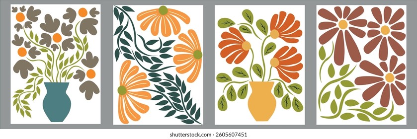 Set of abstract floral posters. Fashion covers, banners in Matisse style. Vector illustration
