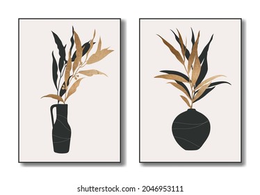 Set of abstract floral posters. Golden texture, foliage, pots. Modern trendy minimal style. Hand drawn design for wallpaper, wall decor, postcard, print, social media banner. Vector illustration