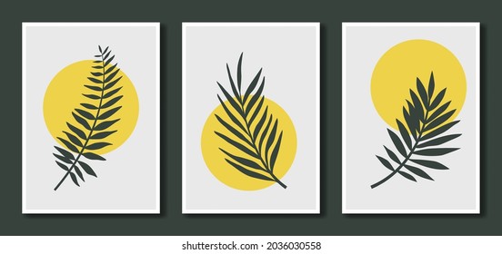 Set of abstract floral posters. Isolated palm leaves. Minimal modern trendy style. Design for wallpaper, wall decor, pattern, print, social media banner, logo. Vector illustration. 
