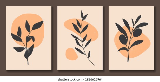 Set of abstract floral posters. Minimalist trendy contemporary style. Black, orange, beige colors. Organic shapes and leaves. Vector illustration. Design for wall decor, wallpaper, card, print. 