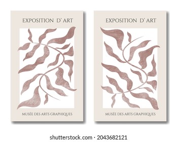 Set of abstract floral posters. Modern trendy Matisse minimal style. Pastel colors. Hand drawn design for wallpaper, wall decor, print, postcard, cover, template, banner. Vector illustration.