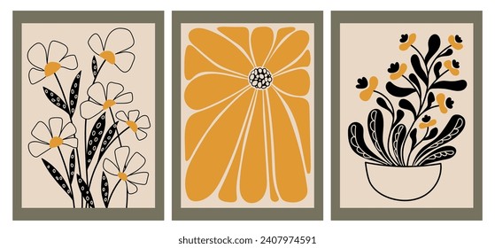 Un conjunto de afiches florales abstractos. Cuadros de pared de tonterías naive groovy humeantes. Ilustración plana vectorial para postal, portada, estampado, flor show.