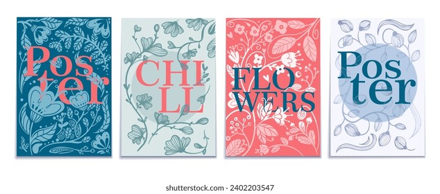 Set of abstract floral posters. Organic hand drawn covers with branch of flowering plants and typography. Botanical flyer with inscription. Cartoon flat vector collection isolated on white background