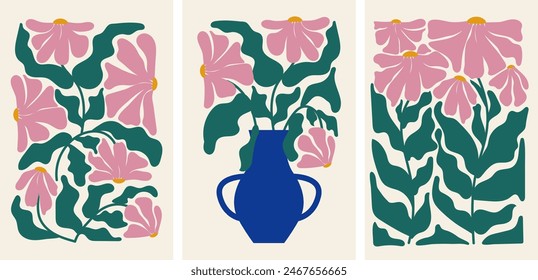 Set of abstract floral posters.Floral botanical vector illustration. Modern poster and background in trendy naive retro hippie 60s 70s style. Vector illustration