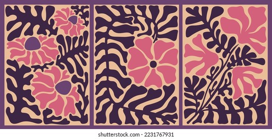 Set of abstract floral retro posters. Trendy hand drawn flowers infantile style. Seventies, groovy background. Decorative contemporary botanical elements. Vector naive art print
