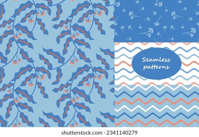 Set of Abstract Floral seamless pattern,boho style. decorative texture of intertwined branches, leaves and zigzag. nature summer garden textured background. vector illustration.