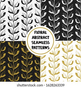 Set of abstract floral seamless patterns; vertical branches and leaves for fabric, wallpaper, textile, web design.