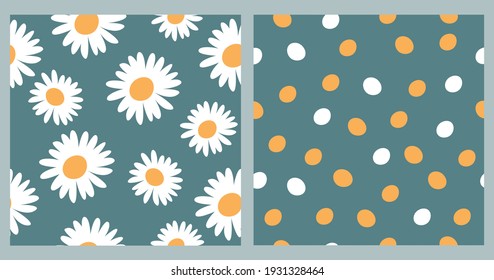 Set of Abstract floral seamless patterns with cute chamomile on a blue pastel background and yellow  polka dots. Hand drawn vector illustration for wrapping paper, textile print, cover and fabric.