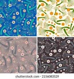 Conjunto de patrones abstractos florales sin soldadura. Las flores y los tallos ordenados están dispuestos al azar en la superficie. Vector.