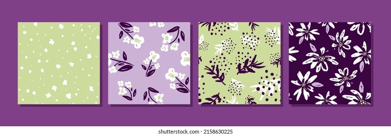 Set of abstract floral seamless patterns with flowers and leaves. Fashionable hand-drawn textures. Modern abstract design for paper, cover, fabric and other users