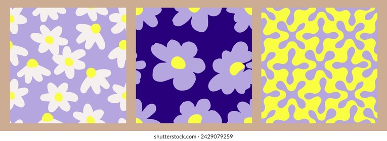 Conjunto de patrones florales abstractos sin costuras. Texturas dibujadas a mano de moda. Diseño plano moderno para papel, cubierta, fondo, tela y arte de la pared. ilustración vectorial colorida.