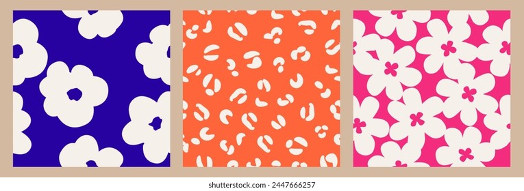 Set of Abstract floral seamless patterns. Trendy hand drawn organic shapes. Modern flat design for wall art, cover, background, fabric and wallpaper. Vector illustration.