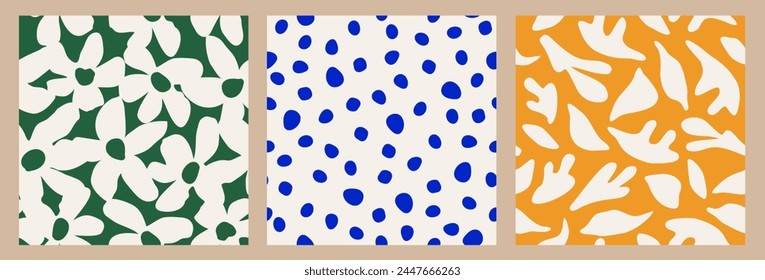 Set of Abstract floral seamless patterns. Trendy hand drawn organic shapes. Modern flat design for wall art, cover, background, fabric and wallpaper. Vector illustration.