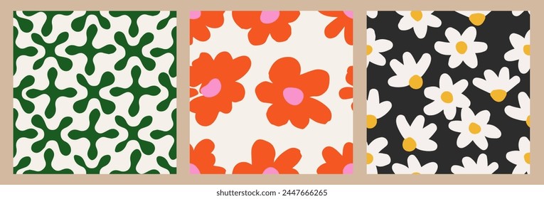 Conjunto de Abstractas patrones florales sin costuras. Formas orgánicas dibujadas a mano de moda. Diseño plano moderno para arte de pared, cubierta, fondo, tela y Fondo de pantalla. Ilustración vectorial.