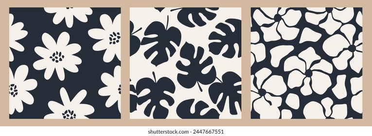 Conjunto de patrones florales abstractos sin fisuras. Texturas dibujadas a mano de moda. Diseño plano moderno para papel, cubierta, fondo, tela y arte de la pared. Ilustración vectorial de flores en blanco y negro.