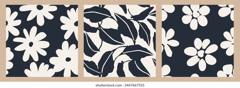 Set of abstract floral seamless patterns. Trendy hand drawn textures. Modern flat design for paper, cover, background, fabric and wall art. black and white flowers vector illustration.