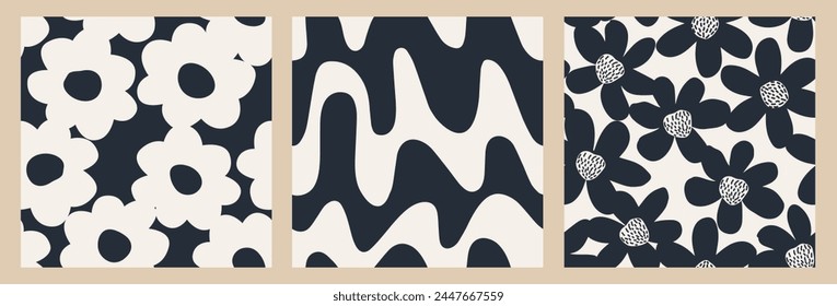 Set of abstract floral seamless patterns. Trendy hand drawn textures. Modern flat design for paper, cover, background, fabric and wall art. black and white flowers vector illustration.