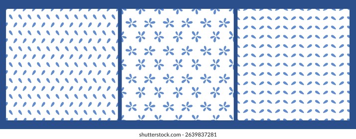 Set of abstract floral seamless patterns. Simply blue plants and bunch of flowers on white background. Doodle hand drawn nature signs. Minimalistic templates. Vector 