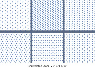 Set of abstract floral seamless patterns. Simply blue plants on white background. Doodle hand drawn nature symbols. Minimalistic templates. Vector flat illustration