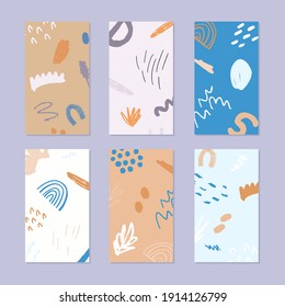 Set of abstract floral story backgrounds. Hand drawn natural pattern in trendy style. Vector illustration. 