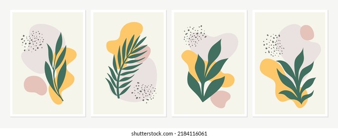 Set of abstract floral style wall art vector. Leaves and organic shapes in earth color palette. Botanical wall decoration collection design for interior, posters, cards, banners.