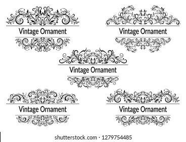 Set Abstract Floral Vintage Patterns, Black and Grey Contours Isolated on White Background. Vector